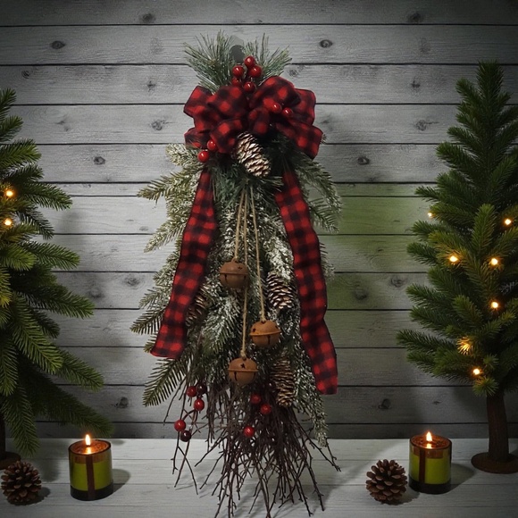Christmas Holiday Swag Door Hanging Wreath/ Red and Black Buffalo Plaid Ribbon - Picture 1 of 7